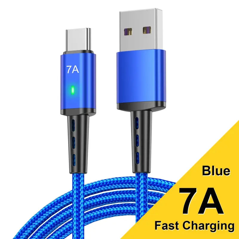 a close up of a blue cable connected to a charger
