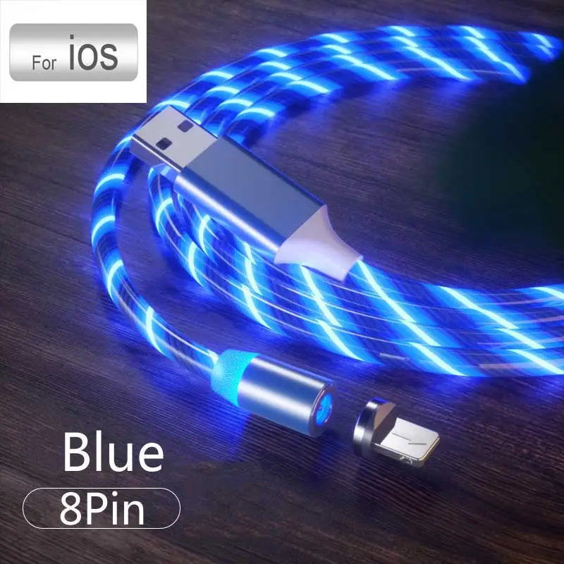 a close up of a blue light up cable connected to a phone