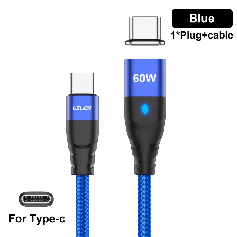 a close up of a blue cable with a black and white logo