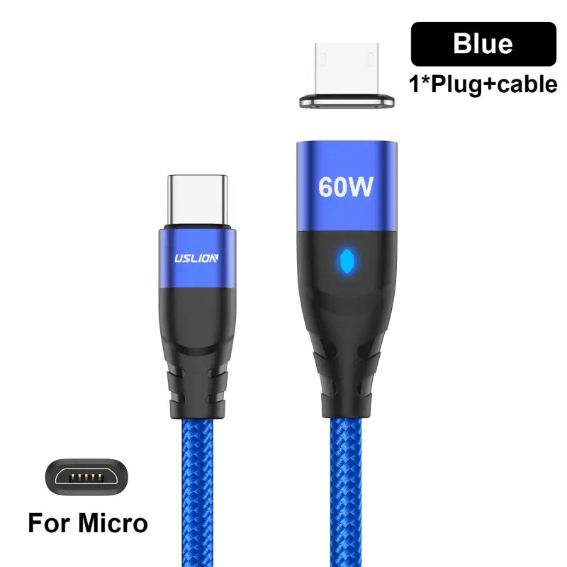 a close up of a blue cable with a black and white logo