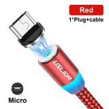 a close up of a red and blue usb cable with a light on it