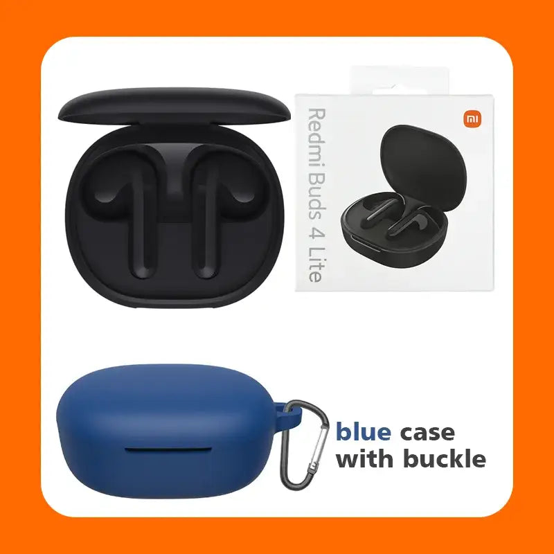 a close up of a blue case with a black earphone