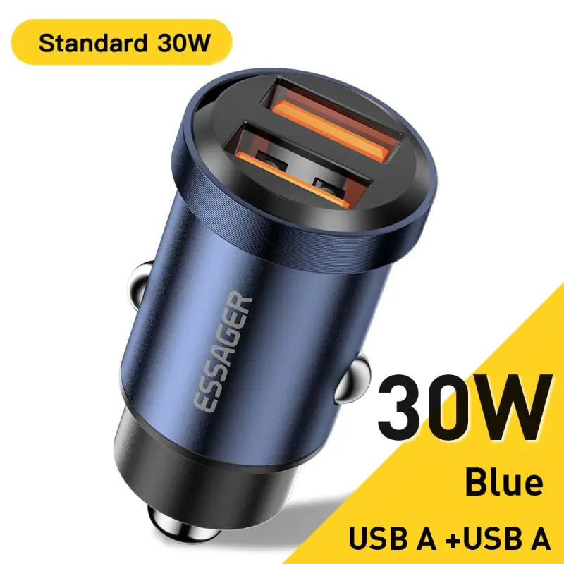 a close up of a blue usb charger with a yellow background