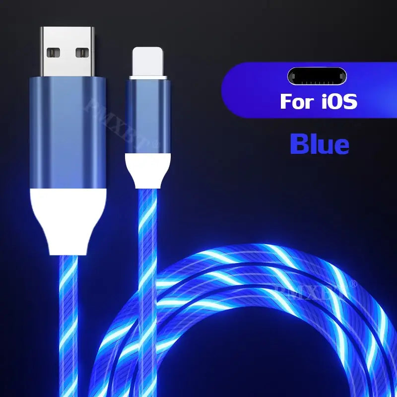 a close up of a blue lightning charging cable with a black background