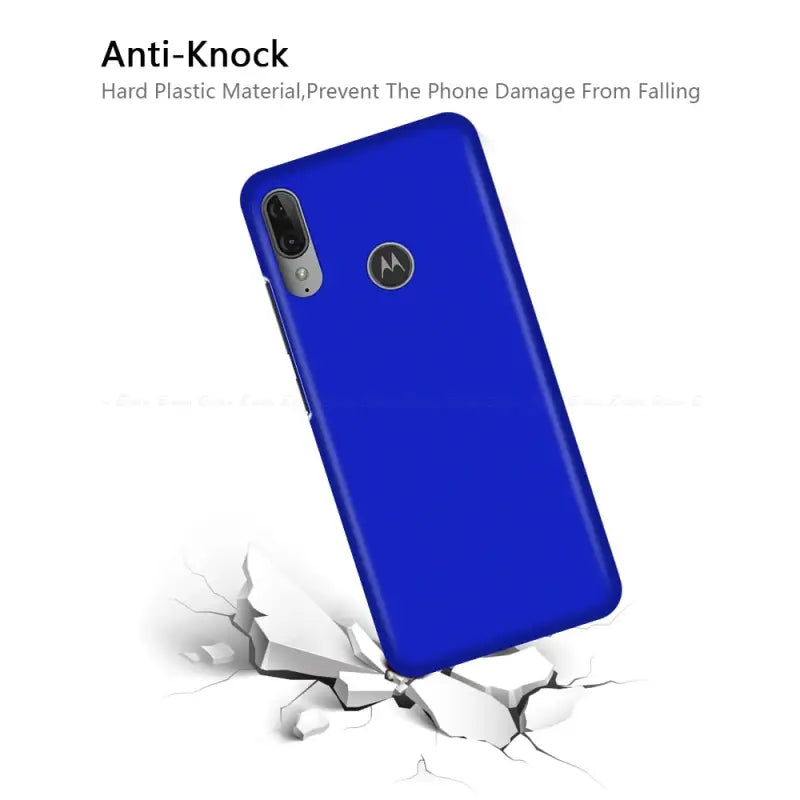 the back of a blue motorola phone case
