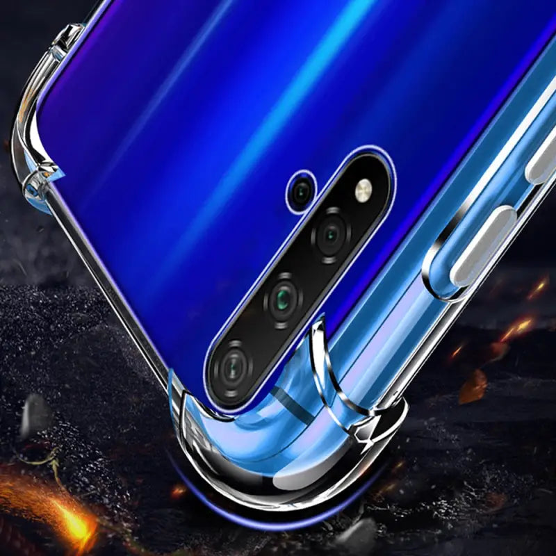 the back of a blue samsung phone with a camera lens