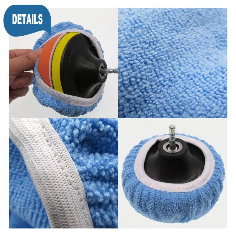 a close up of a blue towel with a black and white ball
