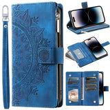a close up of a blue wallet case with a phone