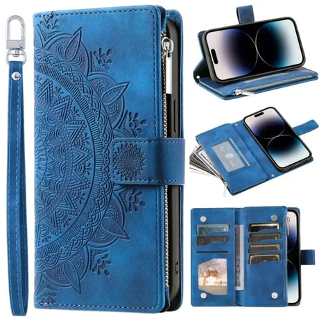 A close up of a blue wallet case with a phone