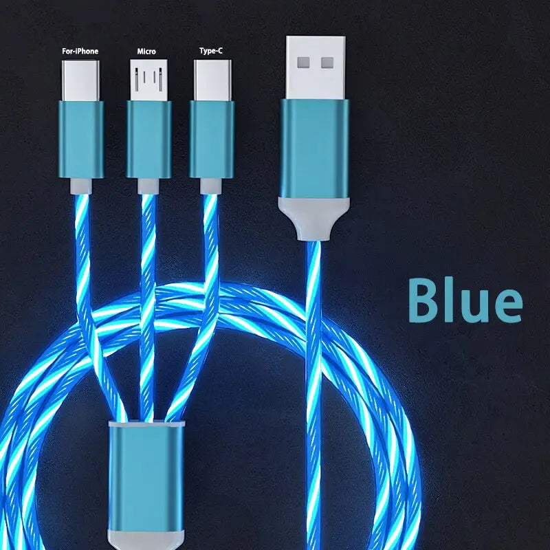 there are three cables connected to a blue phone with a black background