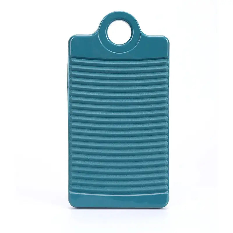 turquoise plastic cutting board with handle on white background