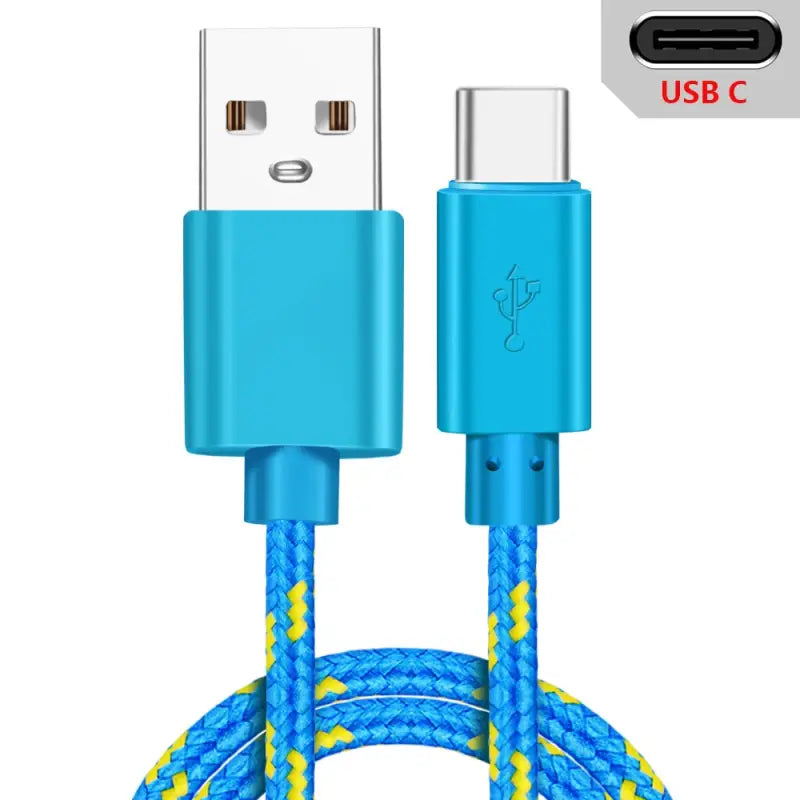a close up of a blue and yellow braided usb cable