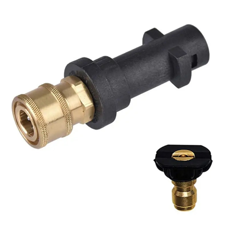 a close up of a brass colored hose with a black valve