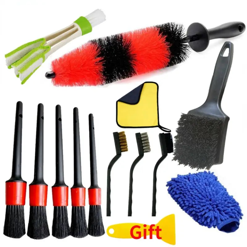 a set of cleaning tools including brushes, a brush, and a cleaning cloth