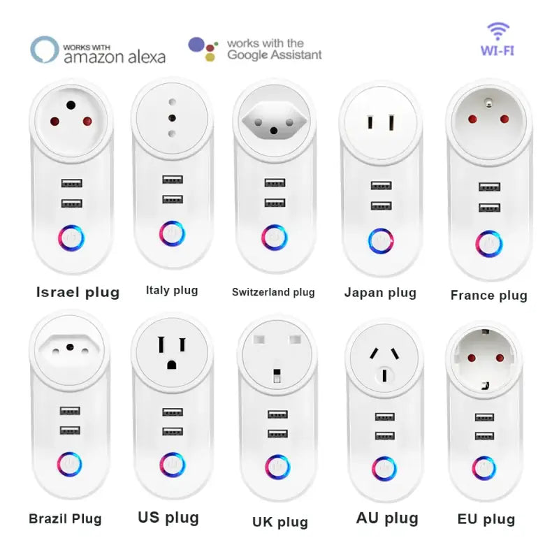 A close up of a bunch of different plugs connected to a wall