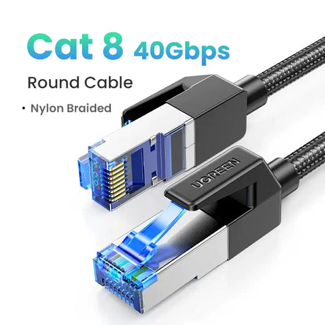 A close up of a cable with a cat 8 connector