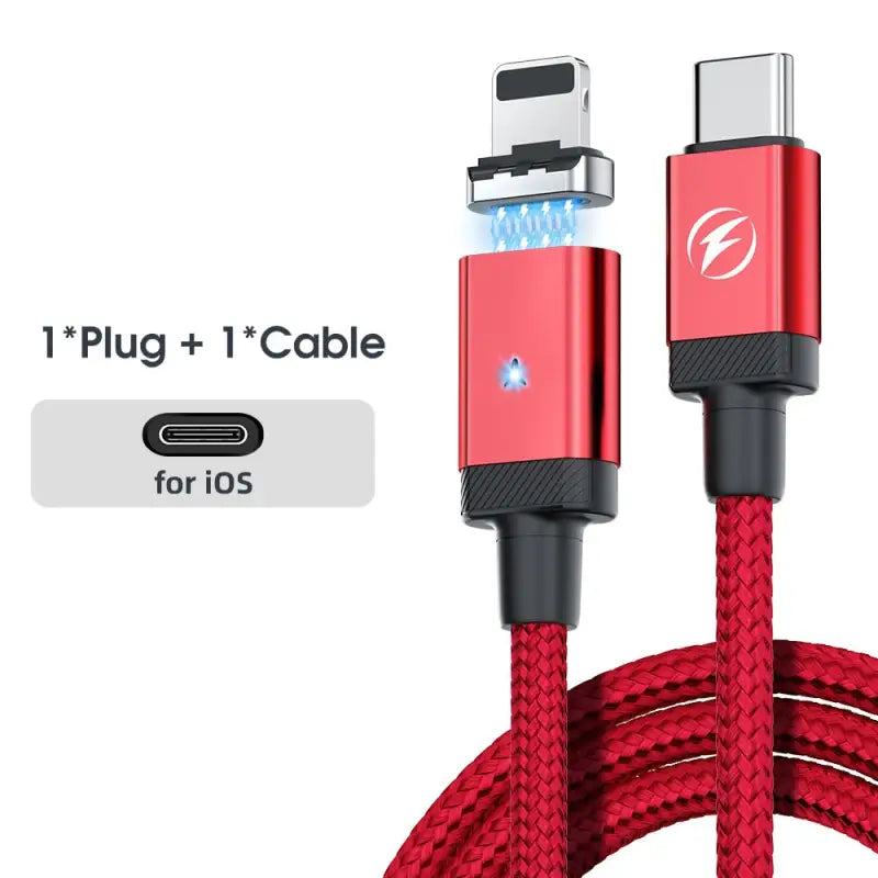 a close up of a red cable with a lightning charging cable