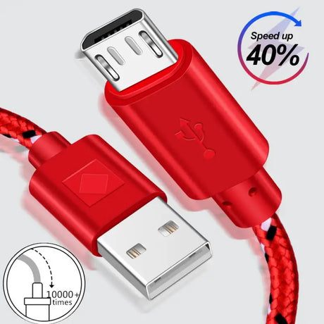 a close up of a red usb cable connected to a charger