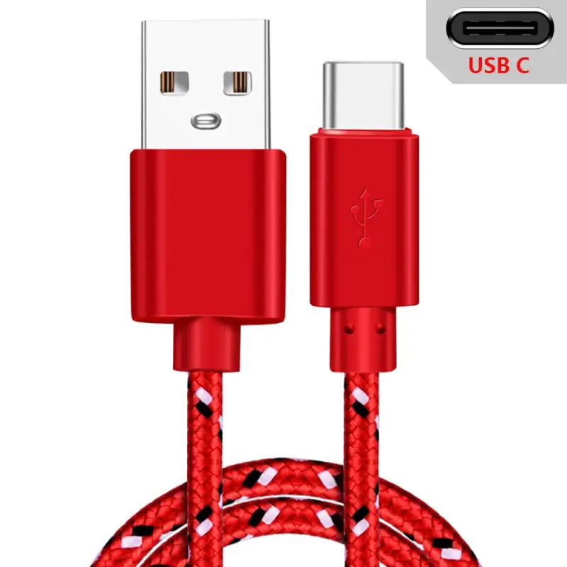 a red usb cable with a braided cord and a usb cable