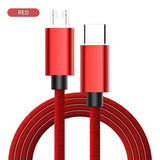 a red usb cable with a braid that is connected to a charger