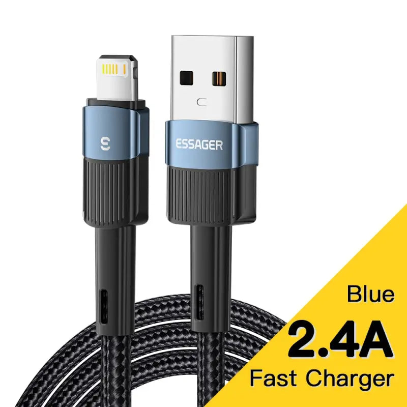 anker usb cable with a blue and black braid