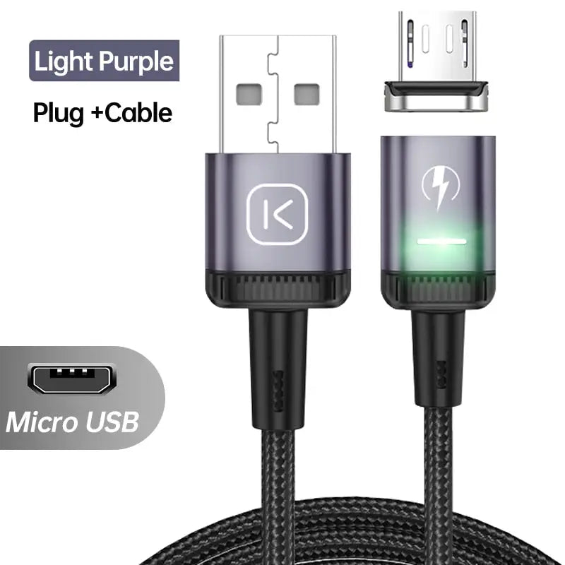 a close up of a usb cable with a light purple plug and a micro usb cable