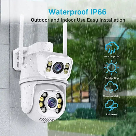 A close up of a camera mounted on a wall in the rain