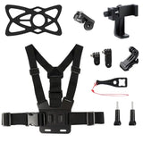 a set of accessories for a gopro camera including a harness, camera mount, and other accessories
