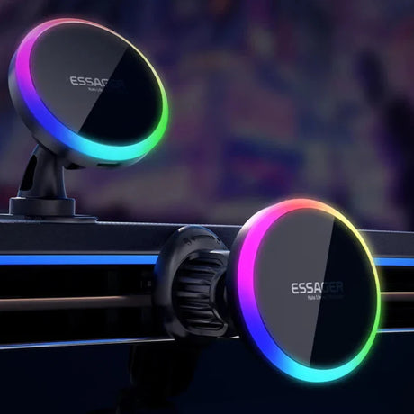 a close up of a car holder with a colorful light on it