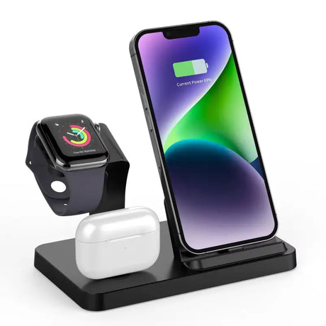 a close up of a cell phone and an apple watch on a stand