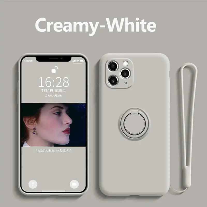 there is a white phone with a picture of a woman on it