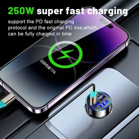 a close up of a cell phone charging on a car