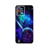 a close up of a cell phone case with a planet and a rocket