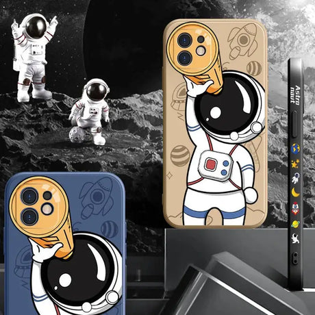 A close up of a cell phone case with an astronaut on it