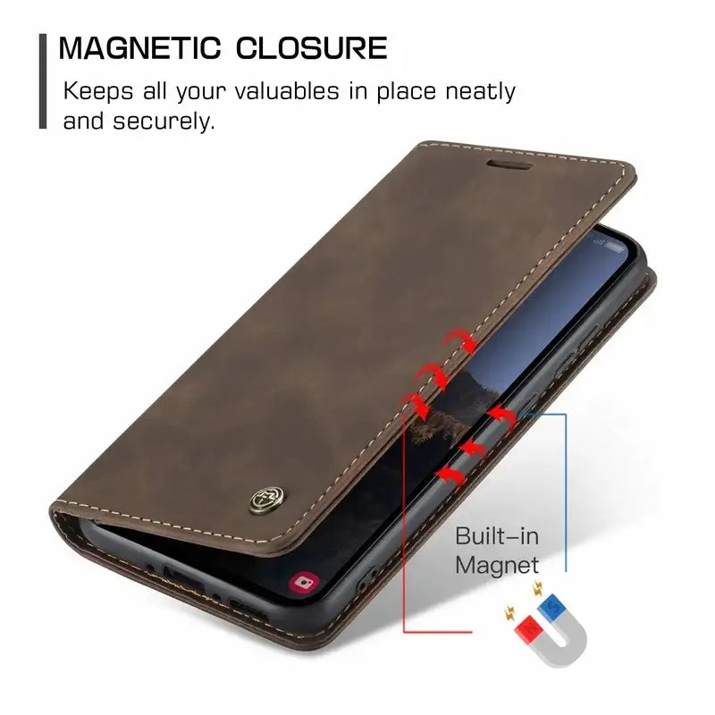 A close up of a cell phone case with a magnetic closure