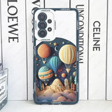 a close up of a cell phone case with a picture of a hot air balloon