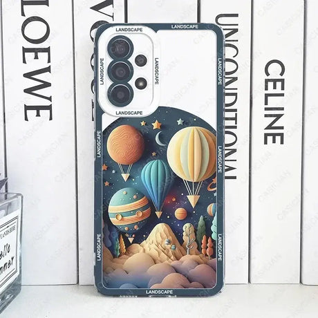 A close up of a cell phone case with a picture of a hot air balloon