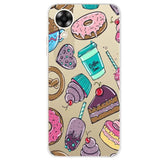 a close up of a cell phone case with a pattern of donuts and coffee