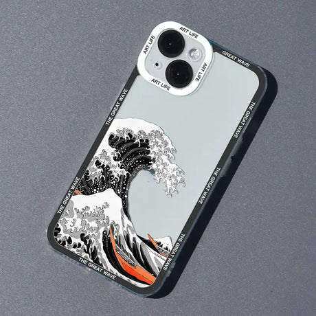 A close up of a cell phone case with a picture of a wave