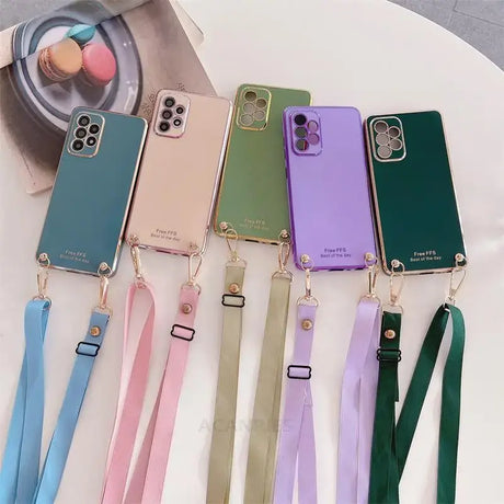 A close up of a cell phone case with a lanyard