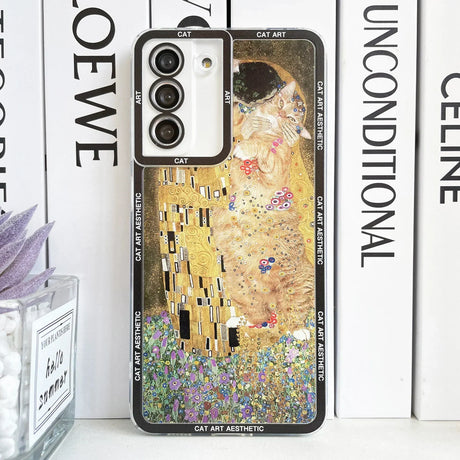 A close up of a cell phone case with a painting on it