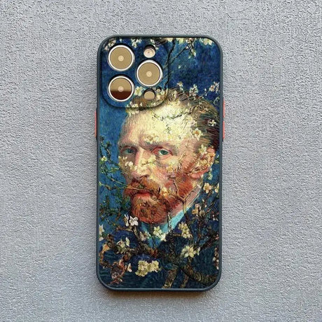 A close up of a cell phone case with a painting of a man