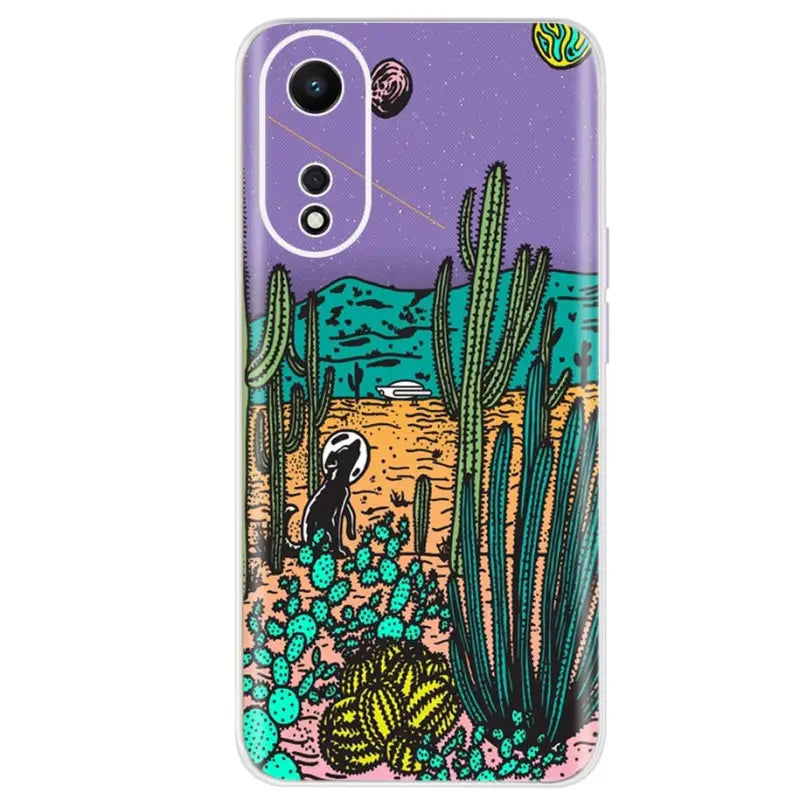 a purple and blue case with a desert scene and cactus plants
