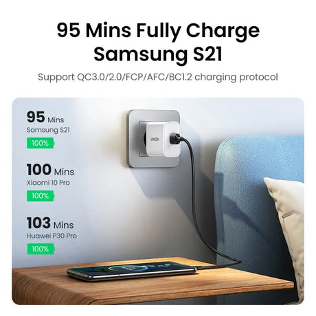 the samsung charger is plugged into a charging station