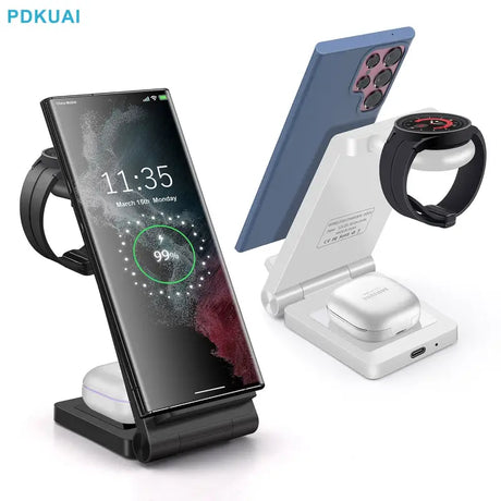 a close up of a cell phone and a charging stand