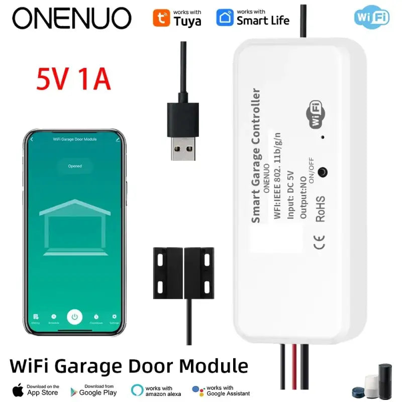 a close up of a cell phone connected to a wifi garage door module