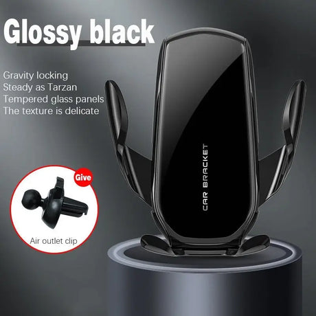 a close up of a cell phone holder with a glassy black design