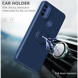 the back of a blue case with a car holder