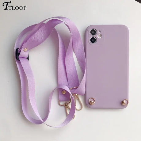 purple phone case with lanyard strap and gold hardware