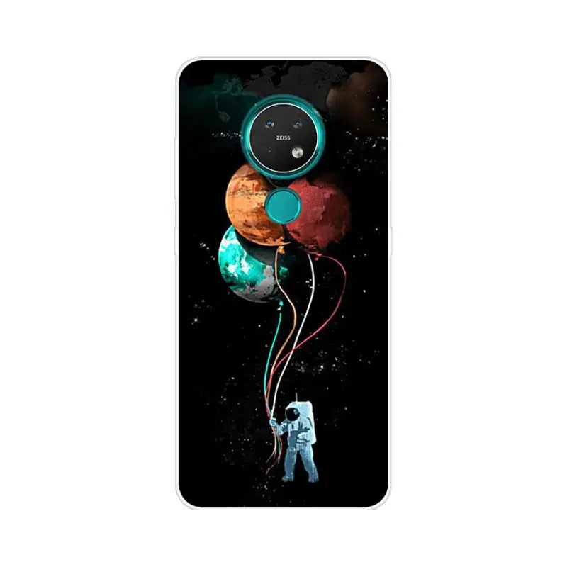 a close up of a cell phone with a spaceman holding balloons